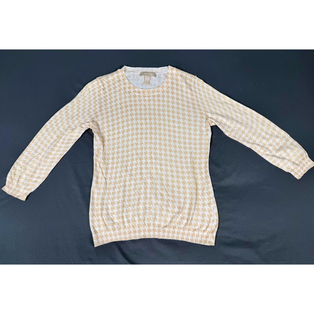 Banana Republic Sweater Womens S Tan White Houndstooth Cotton Crewneck